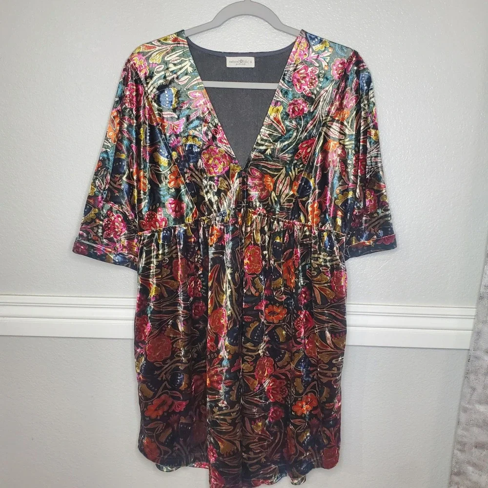 Natural Life Velvet Floral V-Neck Mini Dress Multi-Color Boho Bell Sleeve Small - Picture 2 of 10